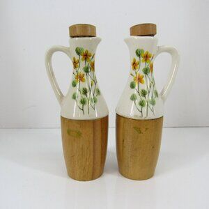 Oil and Vinegar Cruet Set Wood & Hand Painted Flowers with Cork Stoppers